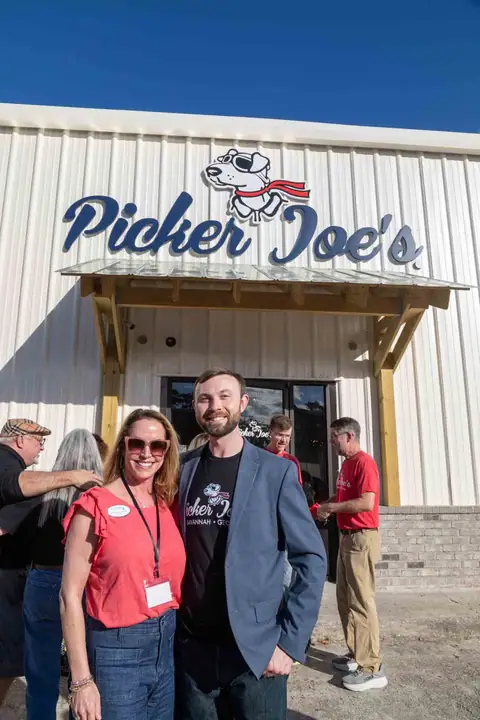 Guests in front of the Picker Joe's storefront at the grand opening at Picker Joe's Antique Mall in Savannah, GA