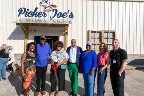 Group gathered outside the Picker Joe's storefront at Picker Joe's Antique Mall in Savannah, GA