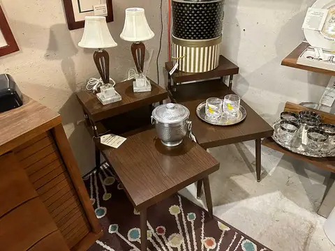 Stacked walnut end tables with lamps at Picker Joe's Antique Mall in Savannah, GA