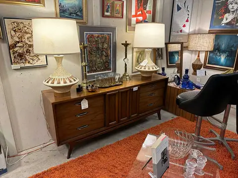 Walnut credenza with a pair of white table lamps at Picker Joe's Antique Mall in Savannah, GA