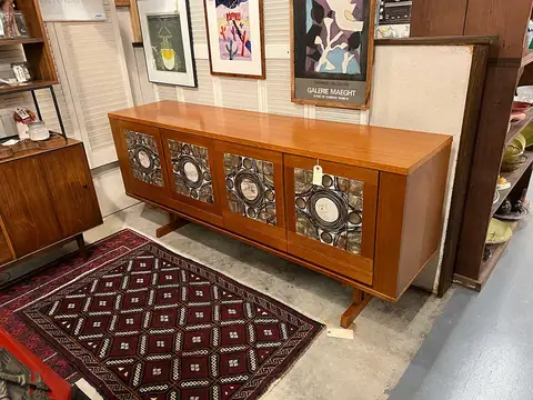 Walnut credenza with decorative tile door panels at Picker Joe's Antique Mall in Savannah, GA