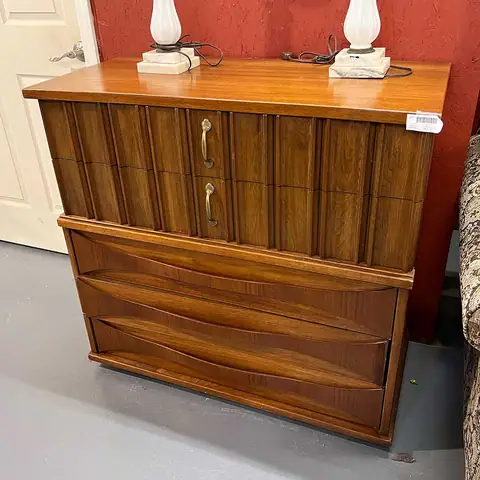 Walnut highboy dresser with a pair of white lamps at Picker Joe's Antique Mall in Savannah, GA
