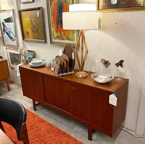 Walnut credenza with a modern table lamp at Picker Joe's Antique Mall in Savannah, GA