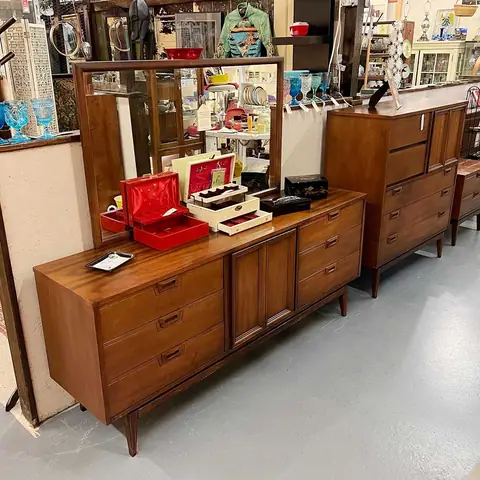Walnut lowboy dresser with a jewelry display at Picker Joe's Antique Mall in Savannah, GA
