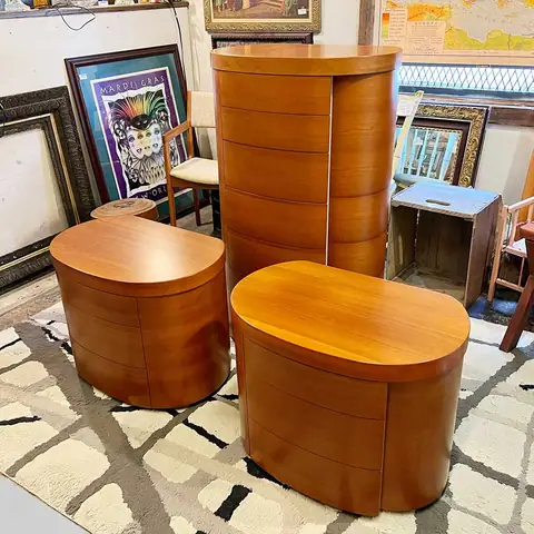 Rounded walnut cabinets on a white shag rug at Picker Joe's Antique Mall in Savannah, GA