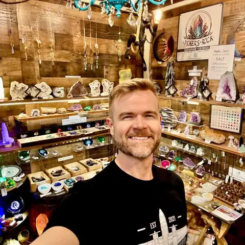 Selfie in a rock and crystal booth at Picker Joe's Antique Mall in Savannah, GA
