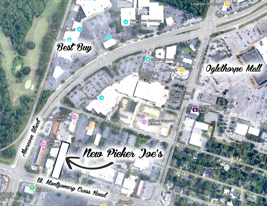 Aerial map marking Picker Joe's location on W. Montgomery Cross Road, Savannah