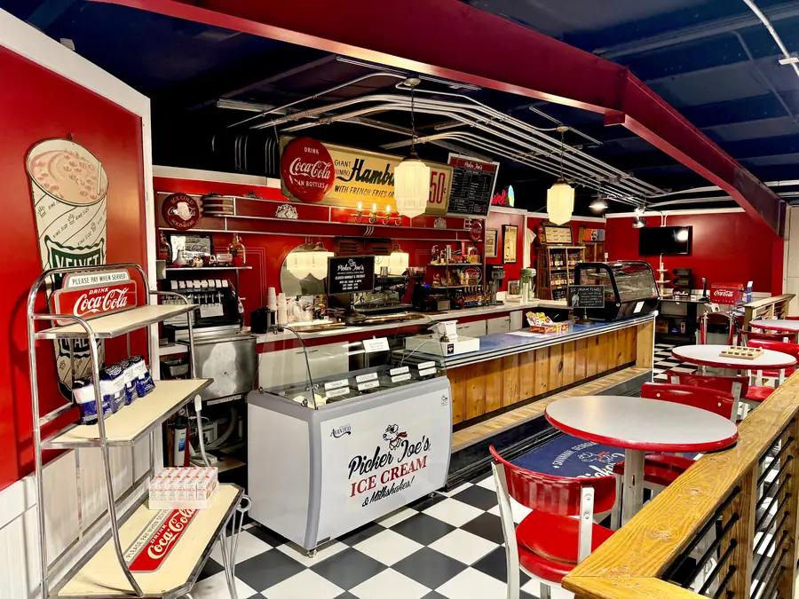 The vintage Coffee & Soda Shop counter at Picker Joe's Antique Mall in Savannah, GA