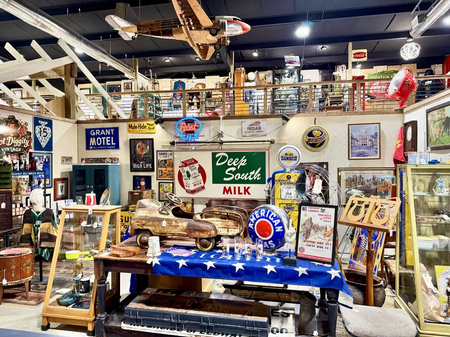 Vintage signs, a pedal car and collectibles at Picker Joe's Antique Mall in Savannah, GA