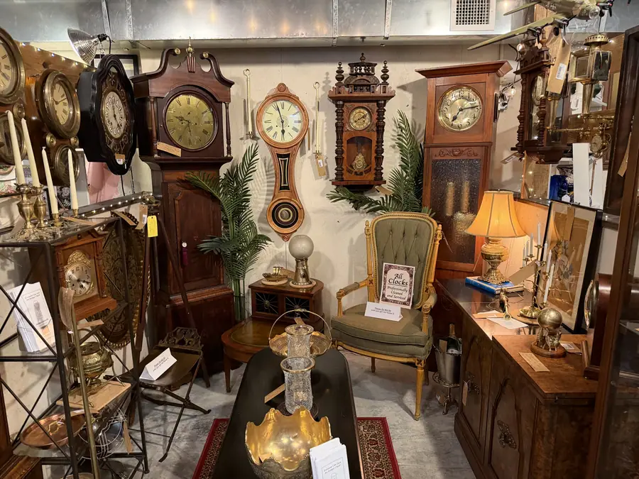 Antique clocks and furniture at Picker Joe's Antique Mall in Savannah, GA